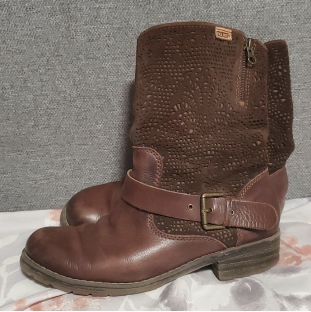 Pikolinos Monza laser cut moto Brown Leather Ankle Boots